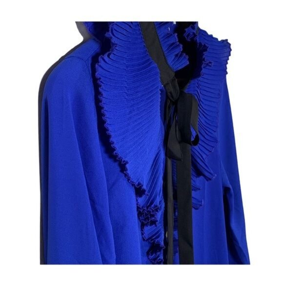 Haute Monde Blue Ruffle Long Sleeve Blouse Small Tie Neck - Picture 9 of 12